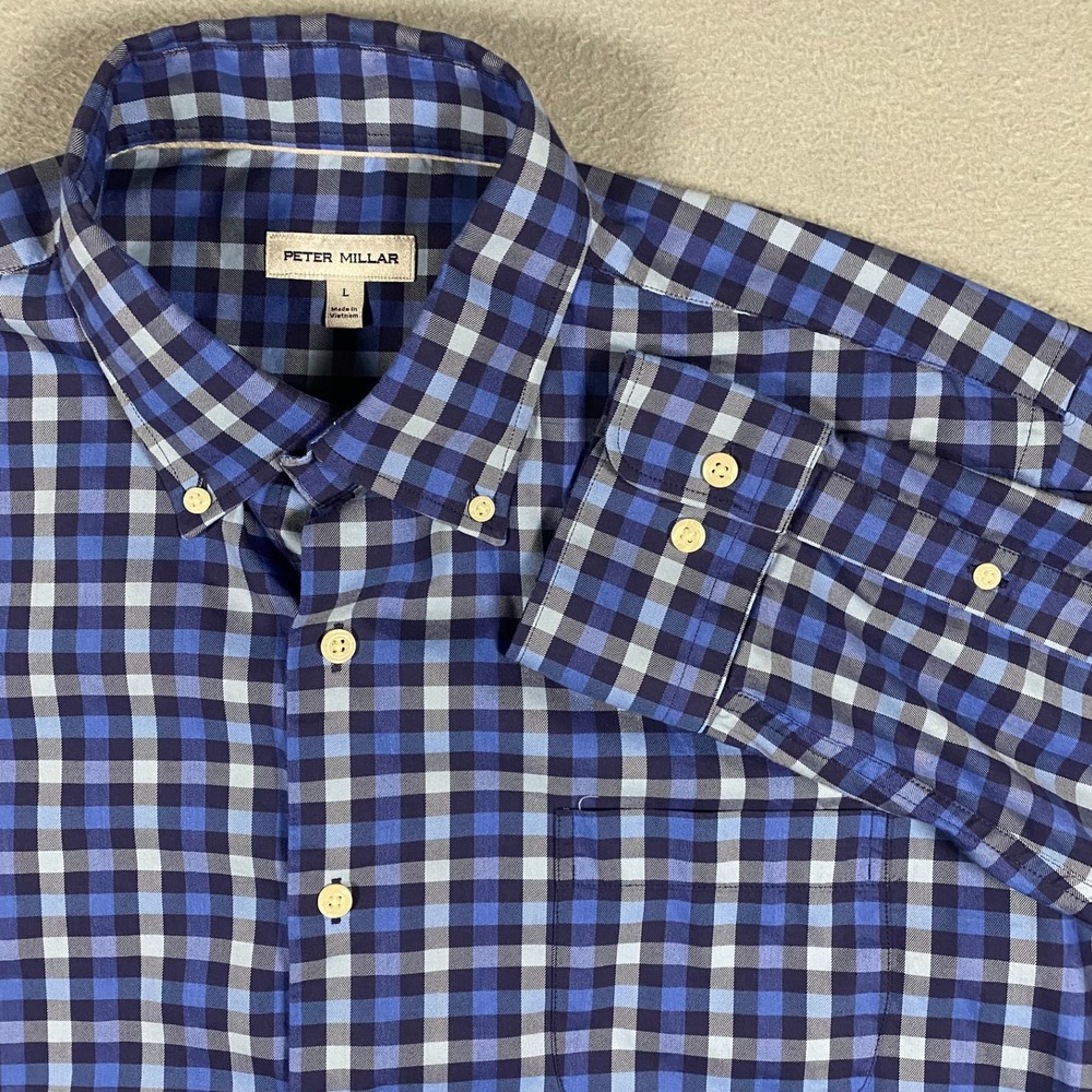 Peter Millar Mens L Blue Gingham Performance Button Down Shirt MF23W17LTB